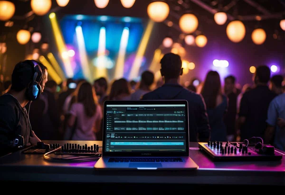 A DJ booth with a laptop, mixer, and speakers. A crowd of people dancing and enjoying the music. A sign that says "Take Song Requests."