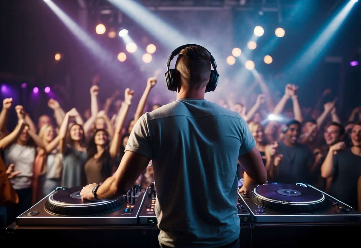 A DJ stands behind a booth, surrounded by a lively crowd. Lights flash and music fills the air as people dance and cheer