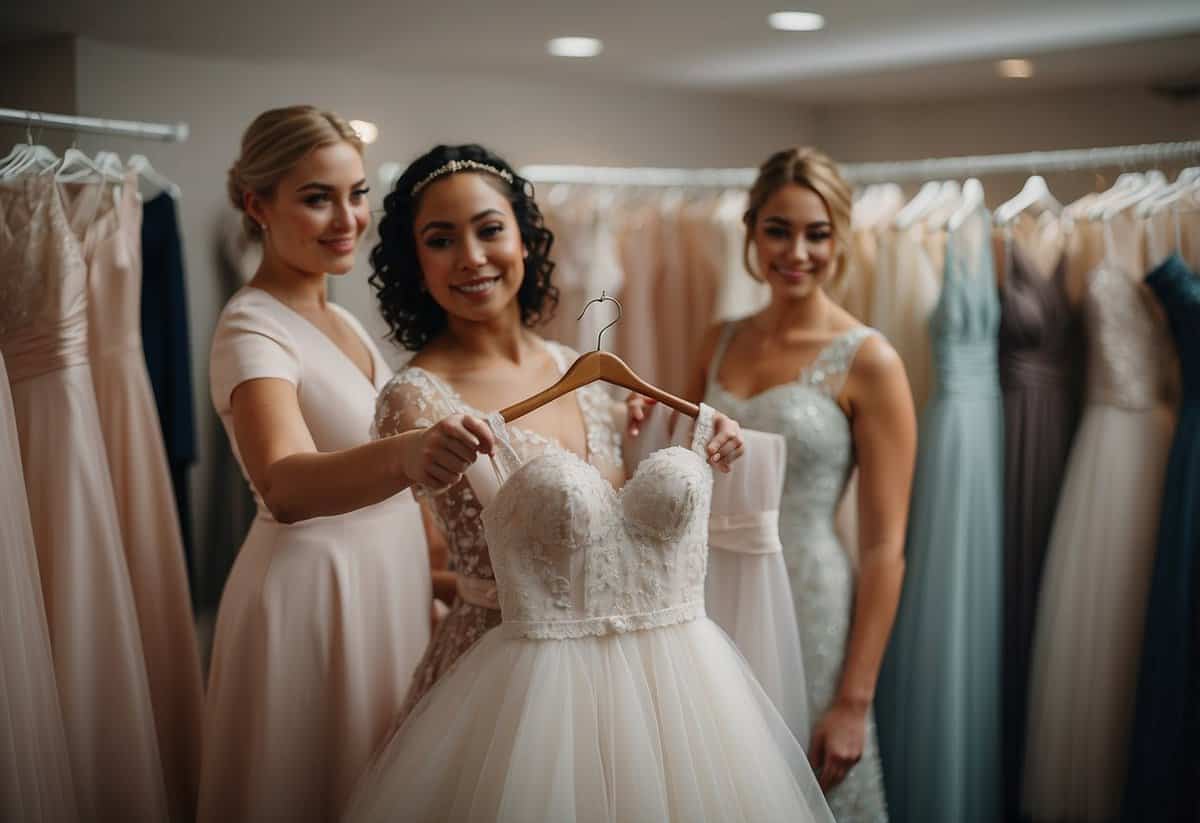 Maid of honor holds up wedding dress options, surrounded by bridesmaids. Dresses on racks and mannequins in boutique