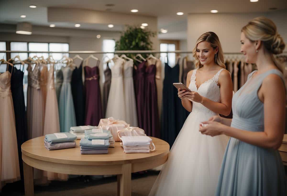 Bridesmaid holds wedding dress styles guide, discusses tips with bride. Dresses displayed on racks, fitting room in background