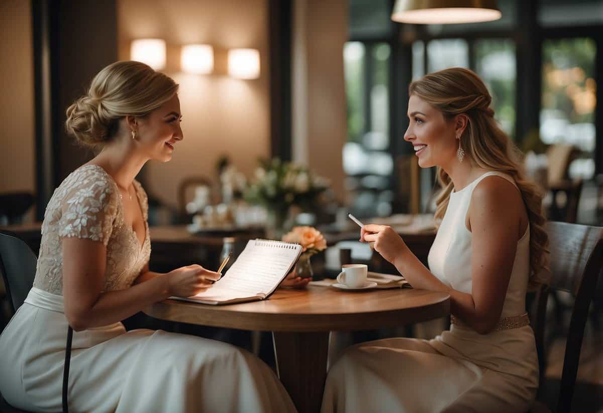 Maid of honor and bride discuss budget for dress shopping. They sit at a table with a notebook and pen, pointing at a list of tips