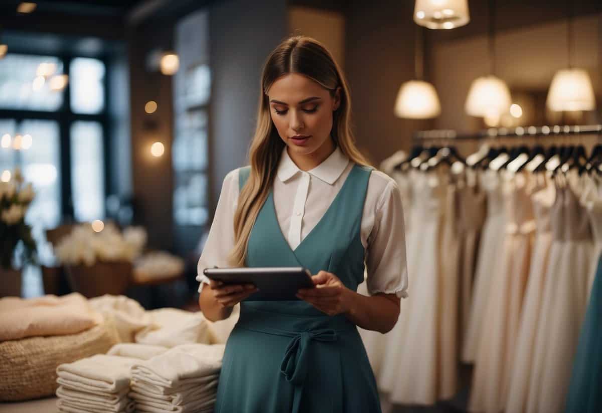 A maid of honor reads wedding dress shopping tips in a cozy boutique. She browses through reviews and takes notes for her research