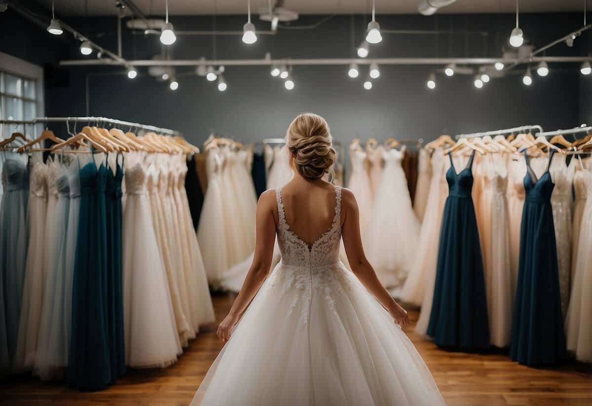 A maid of honor tries on various wedding dresses, keeping an open mind and offering feedback to the bride-to-be. The bridal shop is filled with racks of gowns in different styles and colors