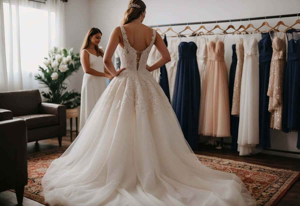 Maid of honor tries on wedding dresses, receiving advice and making alterations