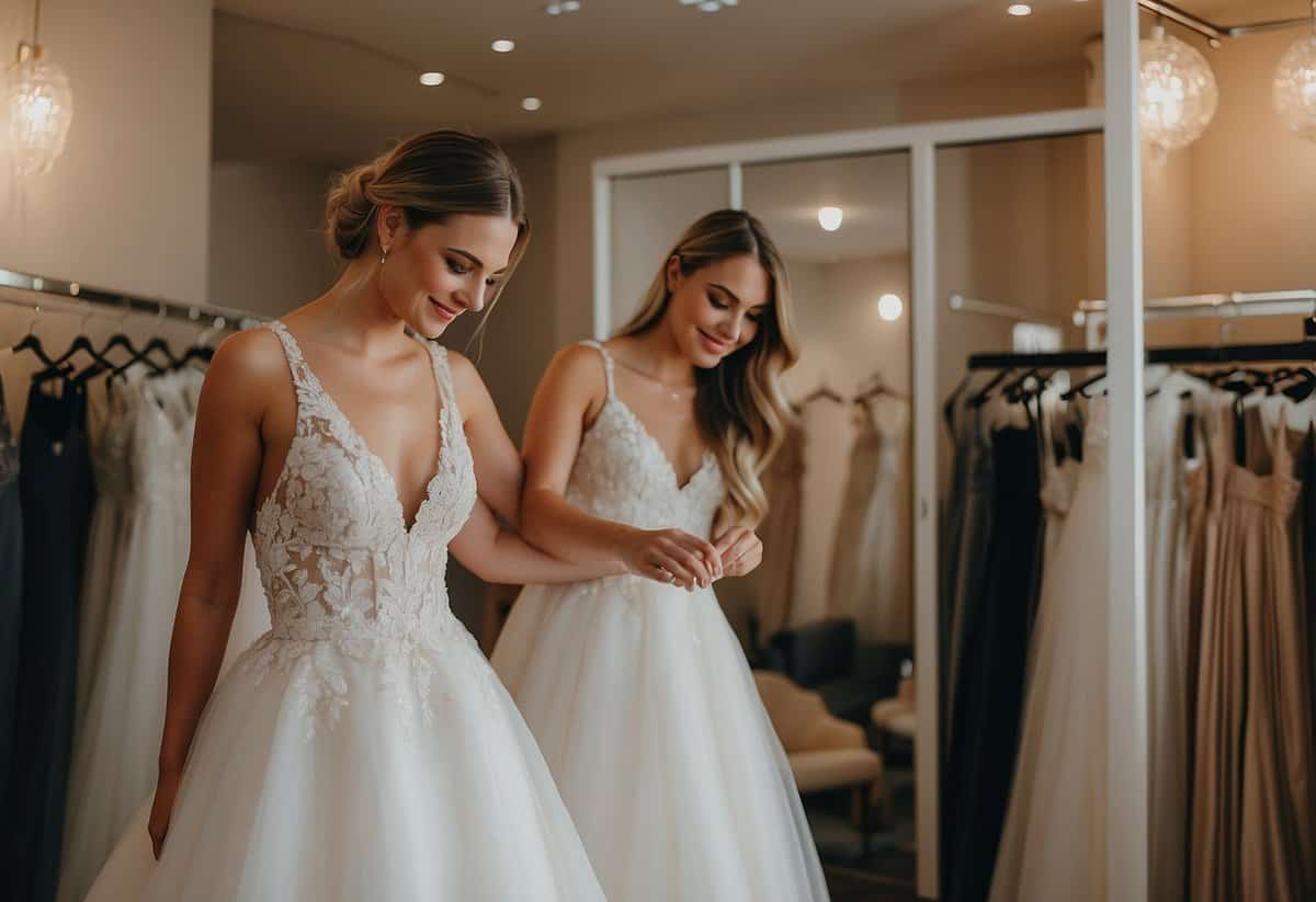 Photograph maid of honor trying on wedding dresses during fittings