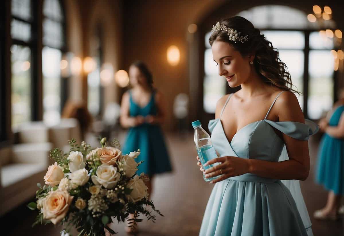 Maid of honor holds water bottle and snack while browsing wedding dresses