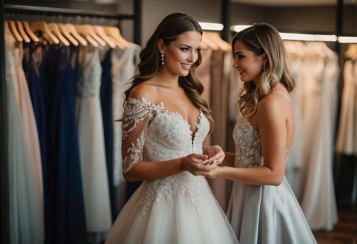 The maid of honor stands by the bride, offering support and advice as they browse through racks of elegant wedding dresses. The bride eagerly tries on different styles, while the maid of honor attentively observes and provides feedback
