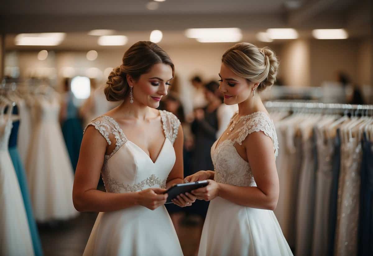 A bride and her maid of honor browse through racks of wedding dresses, discussing styles and taking notes on a clipboard
