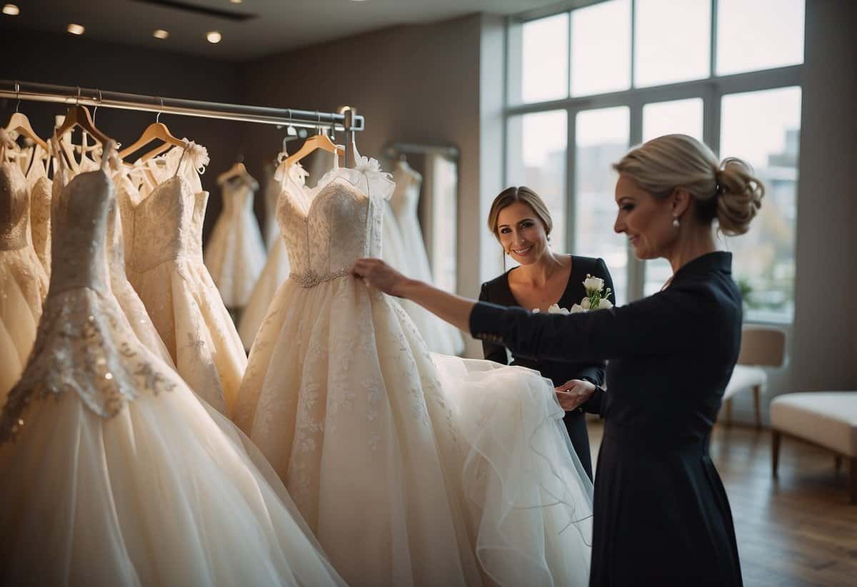 A maid of honor browses racks of wedding dresses, holding up different styles and fabrics, while a consultant offers advice and assistance