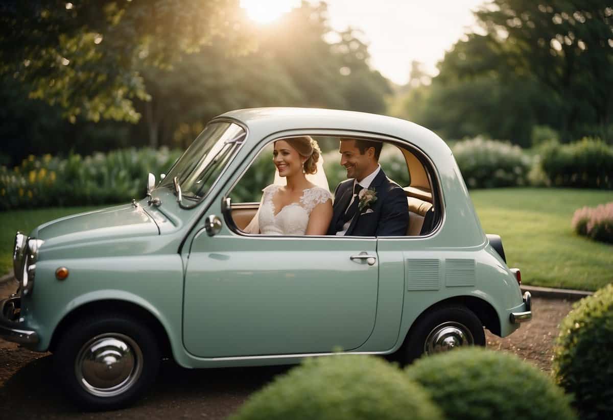 A lush garden wedding with reusable decor, compostable dinnerware, and solar-powered lighting. A bride and groom ride off in an electric car