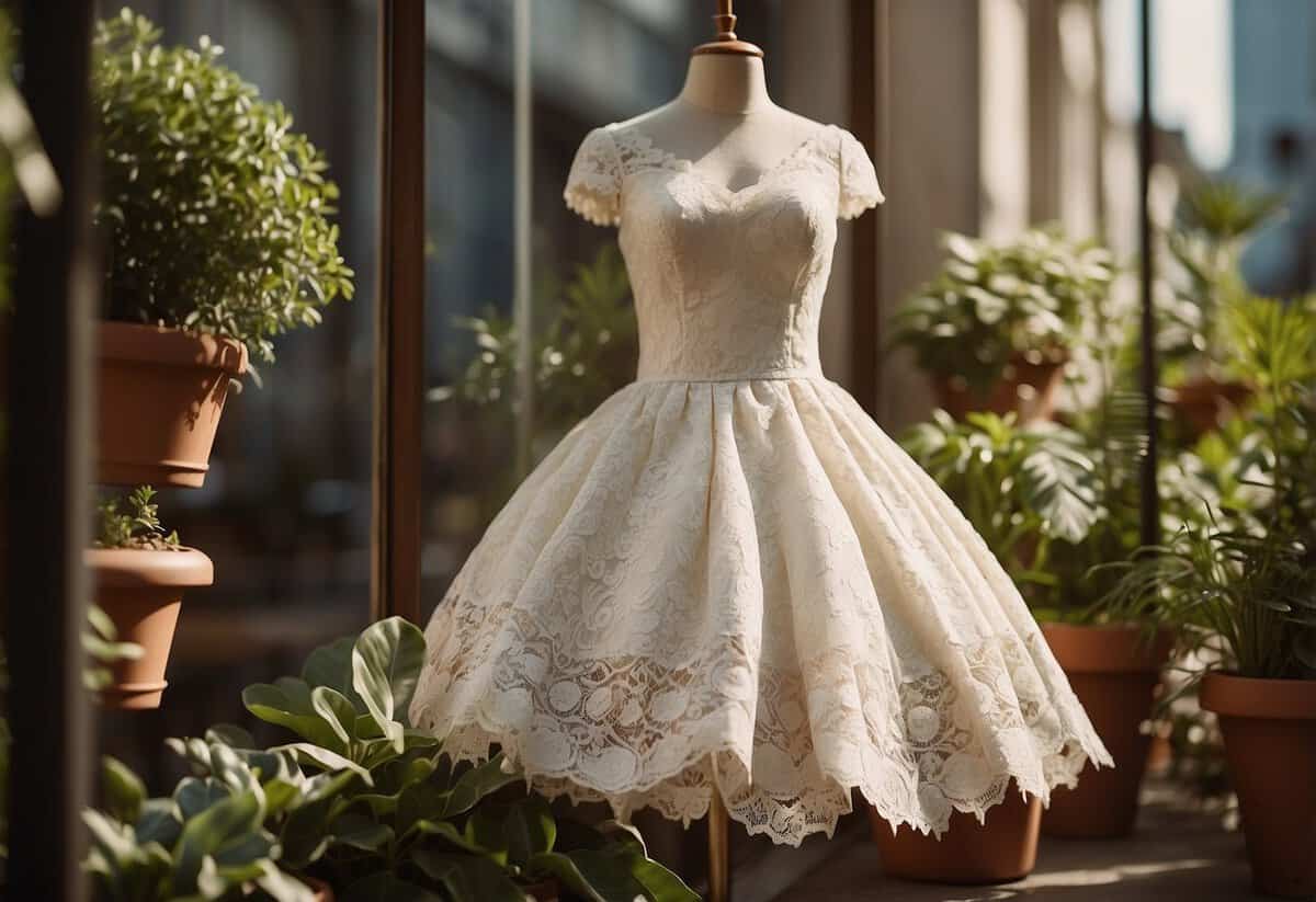 A vintage lace wedding dress hangs in a sunlit boutique window, surrounded by potted plants and eco-friendly decor