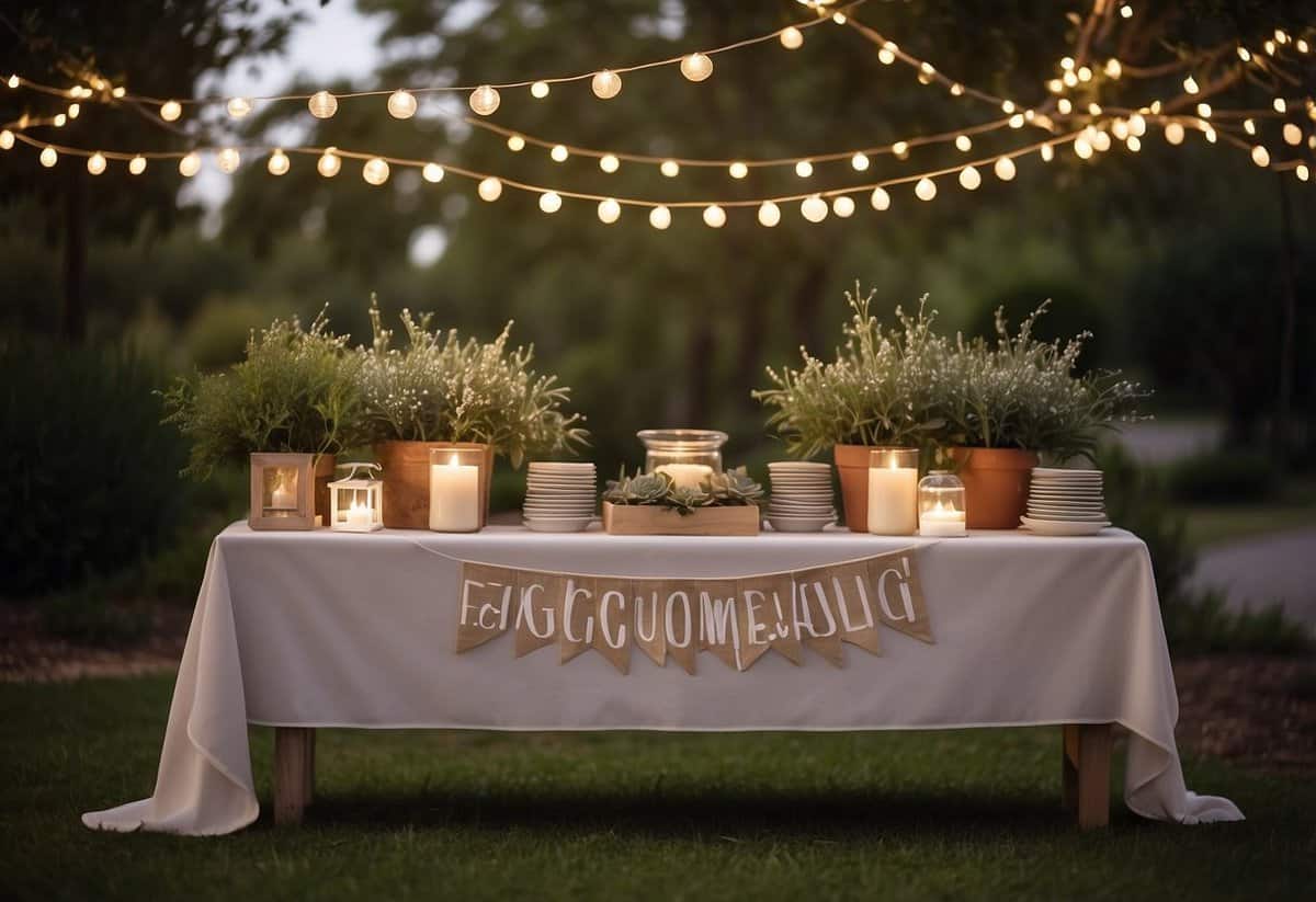 A table adorned with reusable decorations: fabric bunting, potted plants, and LED string lights. A sign promotes sustainable wedding tips