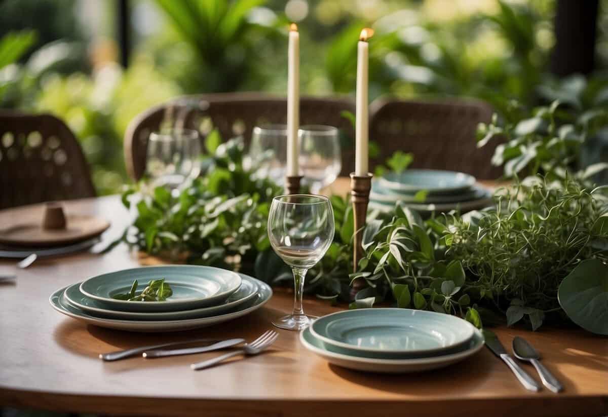 A beautifully set table with reusable and compostable dinnerware, surrounded by lush greenery and eco-friendly decor