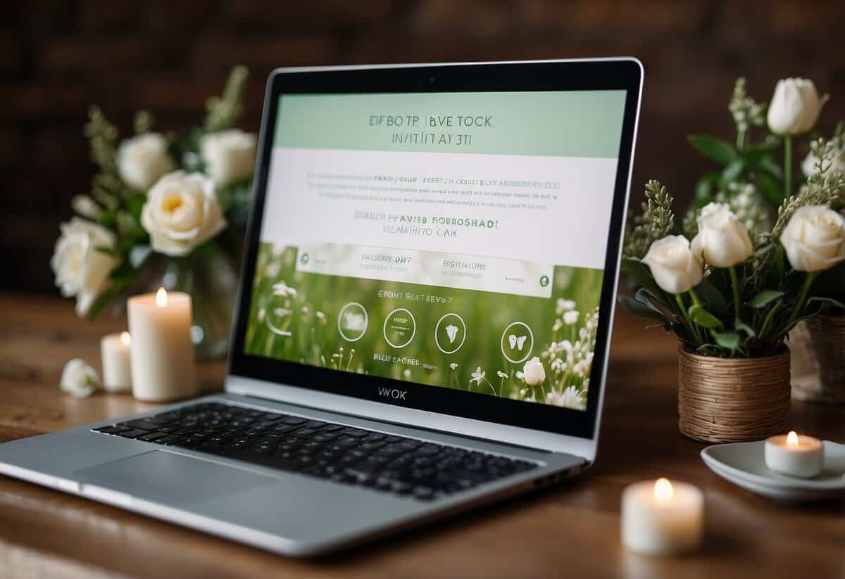 A computer screen displaying an eco-friendly wedding invitation with digital RSVP options. Surrounding it are images of sustainable wedding tips, such as using recycled decor and eco-friendly favors