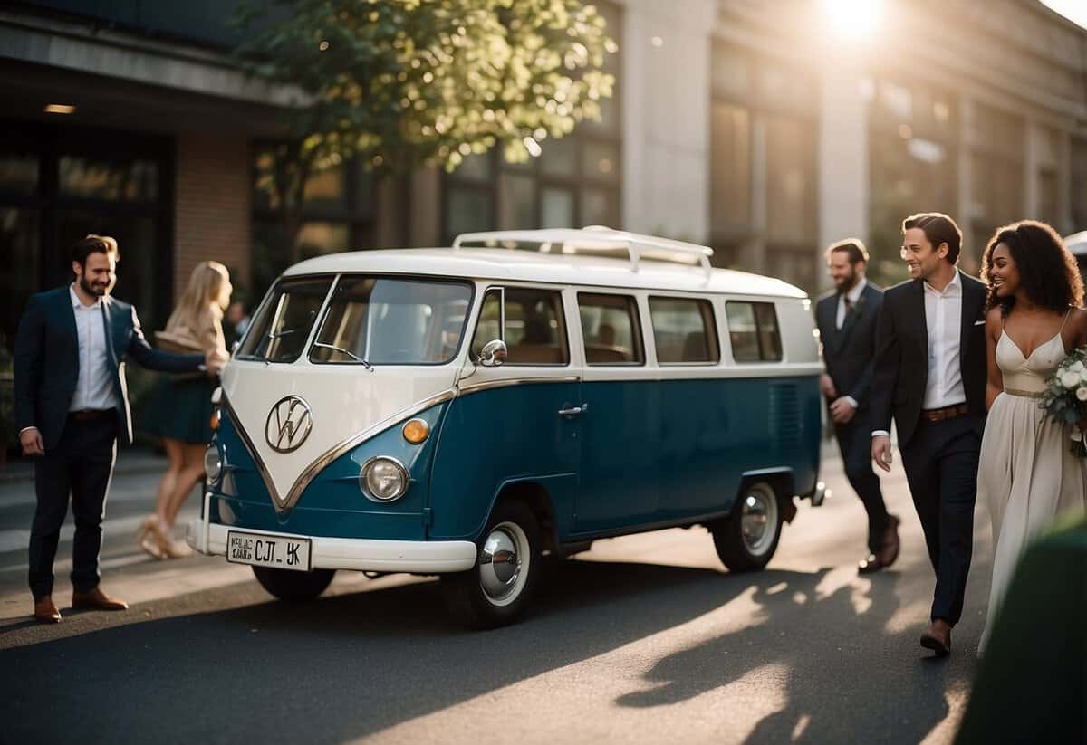 A group of people loading into a van with a "Carpooling" or "Shuttle Service" sign for a sustainable wedding