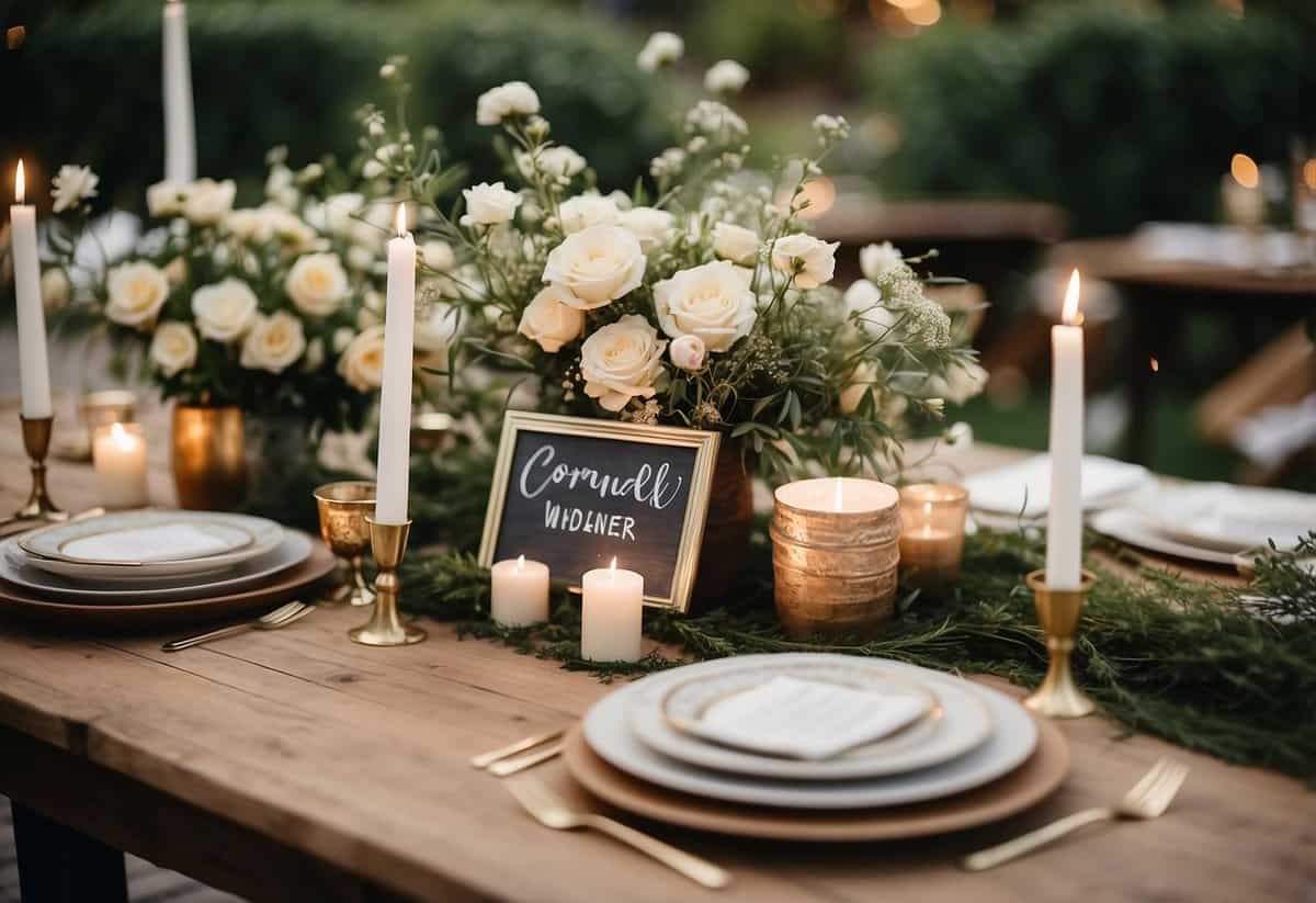 A table adorned with seasonal flowers, surrounded by eco-friendly wedding decor and signage promoting sustainable tips
