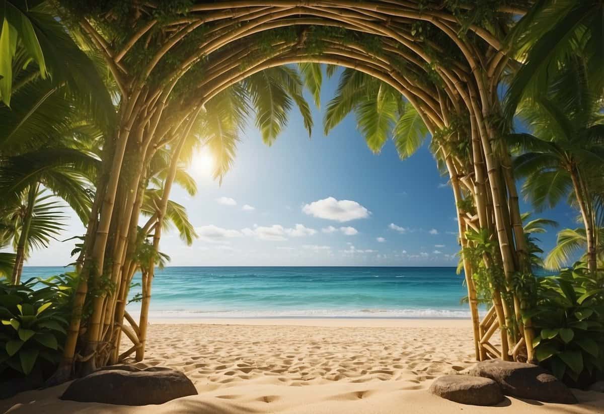 A lush tropical beach with a bamboo archway, surrounded by eco-friendly decorations and solar-powered lights. The ocean sparkles in the background, and a couple's initials are carved into a palm tree