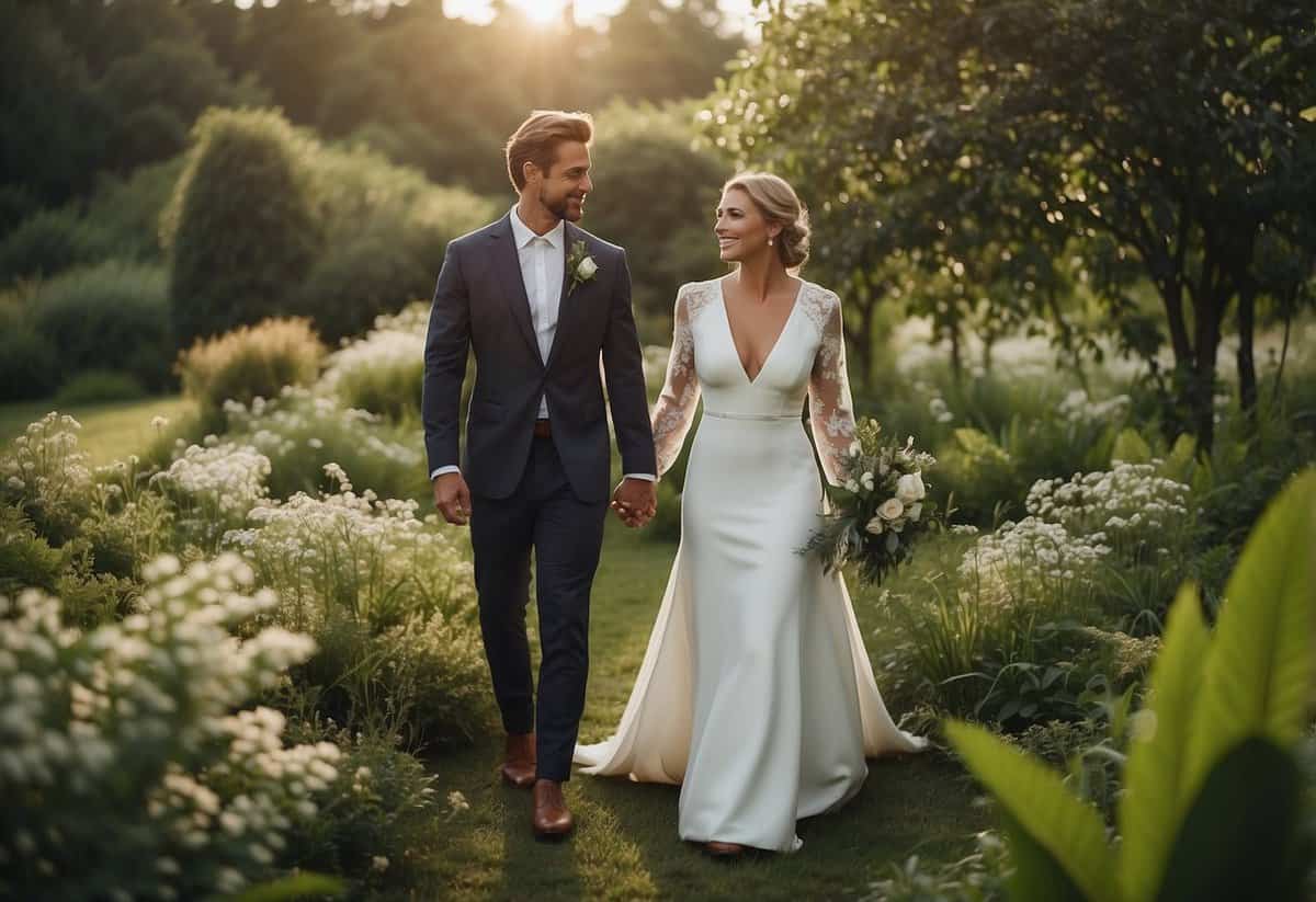 A bride and groom standing in a lush, eco-friendly outdoor setting, wearing elegant and ethically sourced wedding attire made from sustainable materials