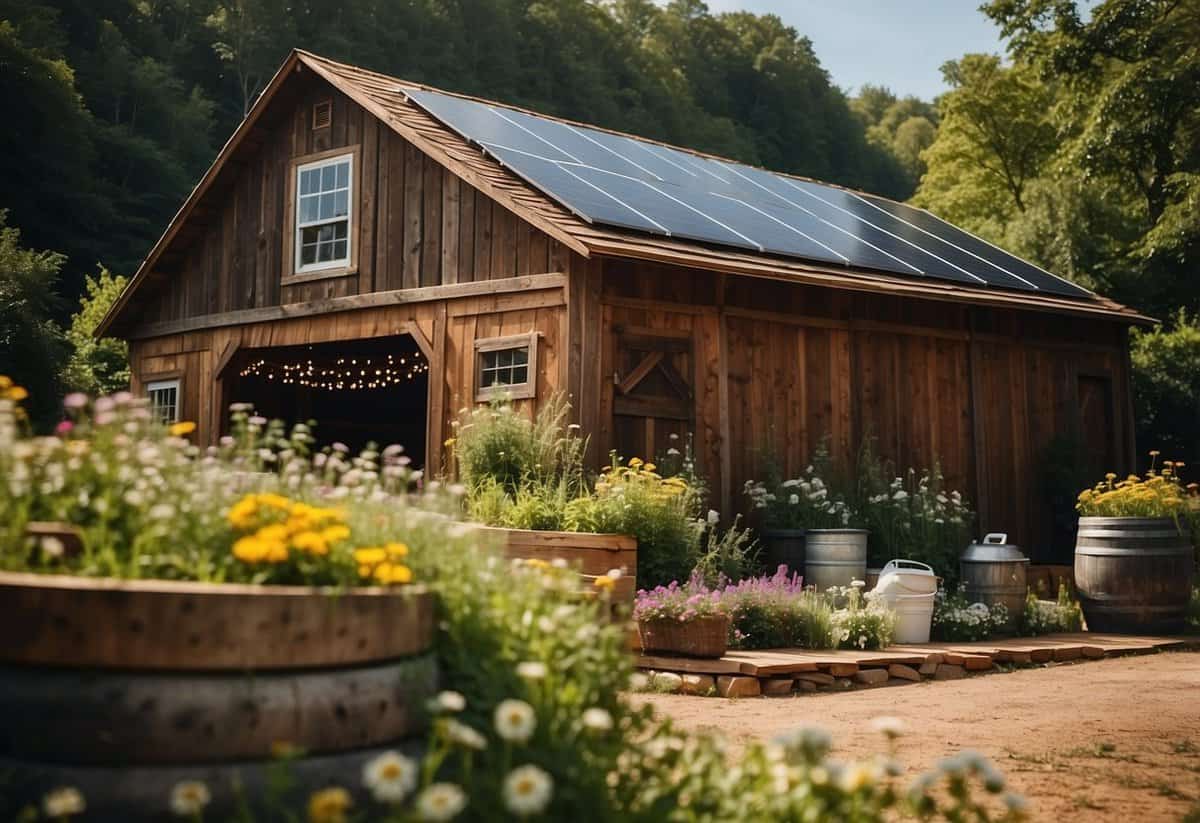 A rustic barn adorned with solar-powered string lights, surrounded by lush greenery and wildflowers. A composting station and recycling bins are prominently displayed, showcasing the venue's eco-conscious choices for a sustainable wedding