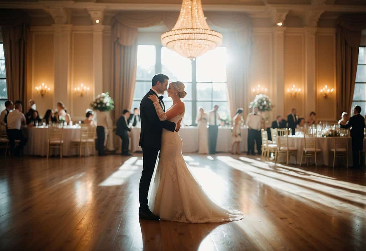 A bride and groom practice their first dance in a sunlit ballroom, surrounded by twinkling lights and elegant decor