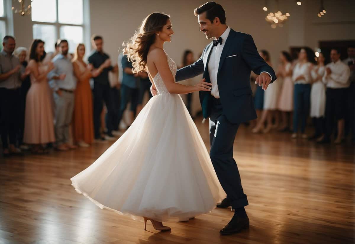 A couple gracefully moves across the dance floor, following the guidance of their instructor. They practice their first dance for their upcoming wedding, eager to perfect their steps
