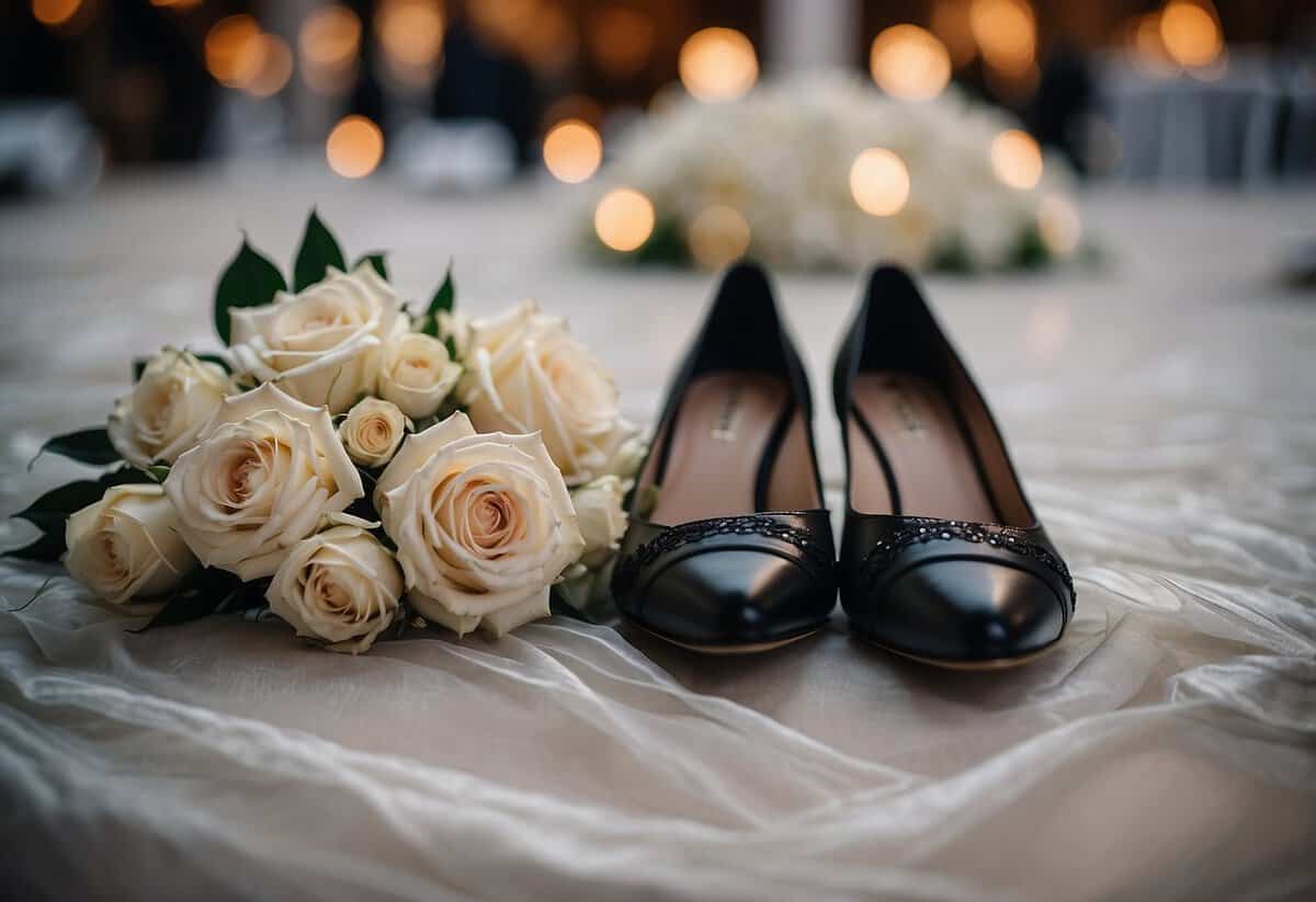A pair of comfortable shoes placed neatly next to a dance floor at a wedding