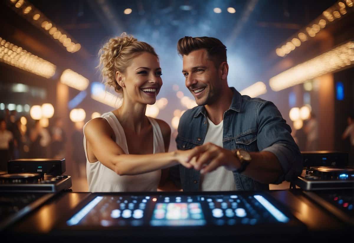 A couple gestures towards a DJ booth, smiling. A list of first dance song options is displayed on a tablet. The DJ nods in agreement