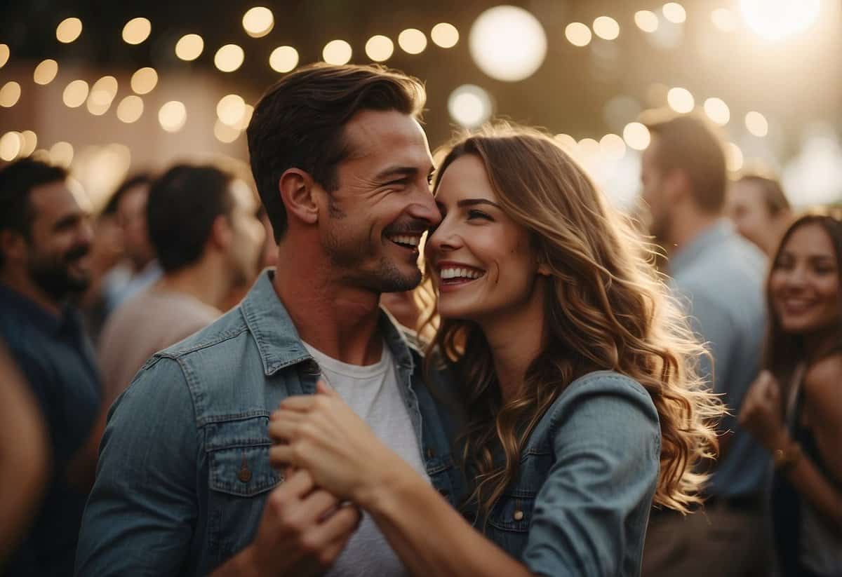 A couple dances joyfully, smiling and laughing, surrounded by friends and family. The atmosphere is light and carefree, with everyone enjoying the moment
