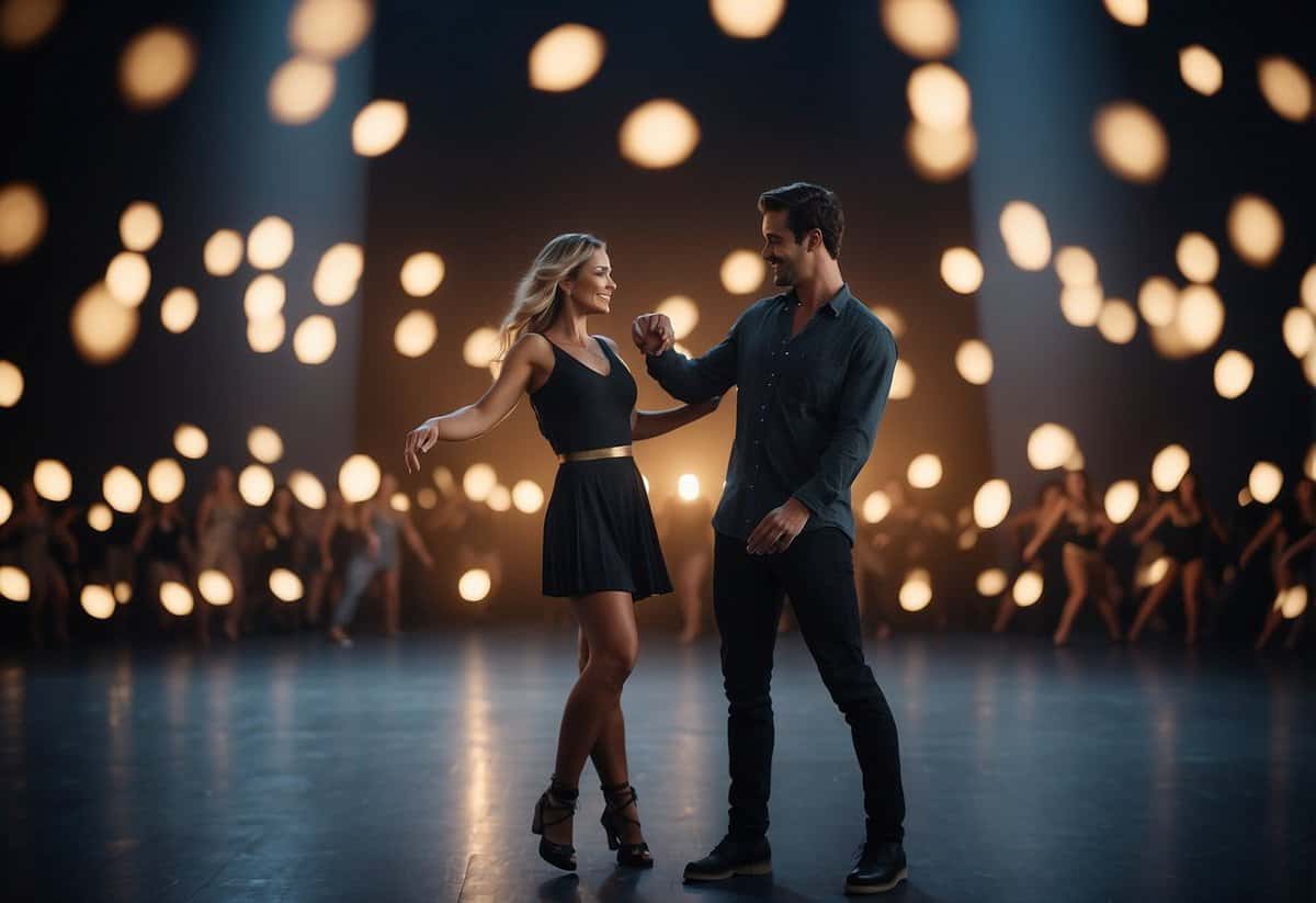 A couple dances in sync, surrounded by backup dancers. Lights and music create a romantic atmosphere