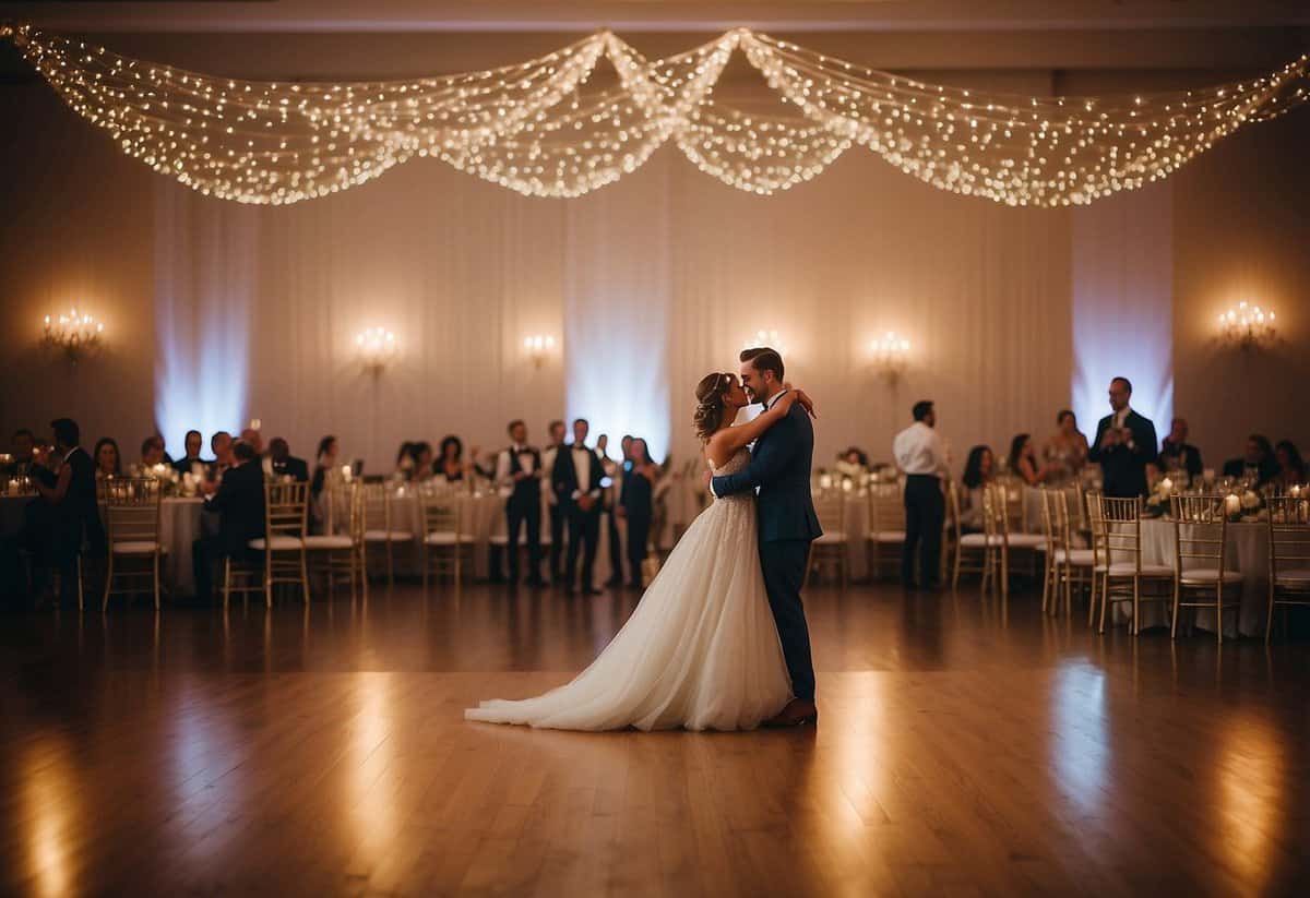 The spacious venue is adorned with twinkling lights and elegant decor, creating a romantic atmosphere for the first dance at a wedding
