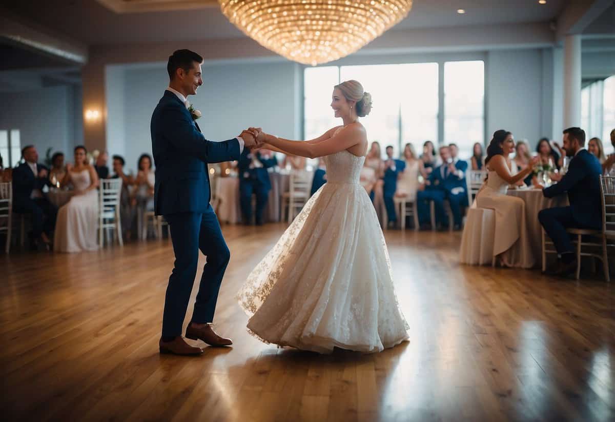 A couple in wedding attire practices their first dance, following wedding tips