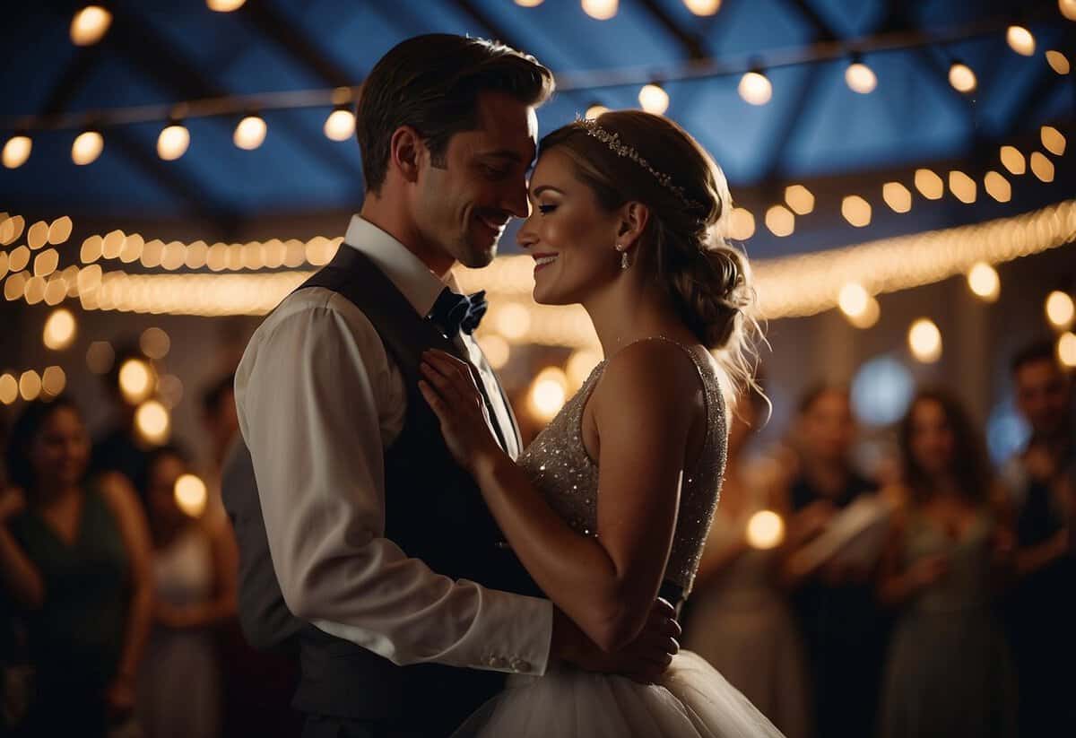 A couple stands in a dimly lit room, surrounded by twinkling fairy lights. They hold each other close, swaying gently to the music, as they carefully select the perfect song for their first dance at their wedding