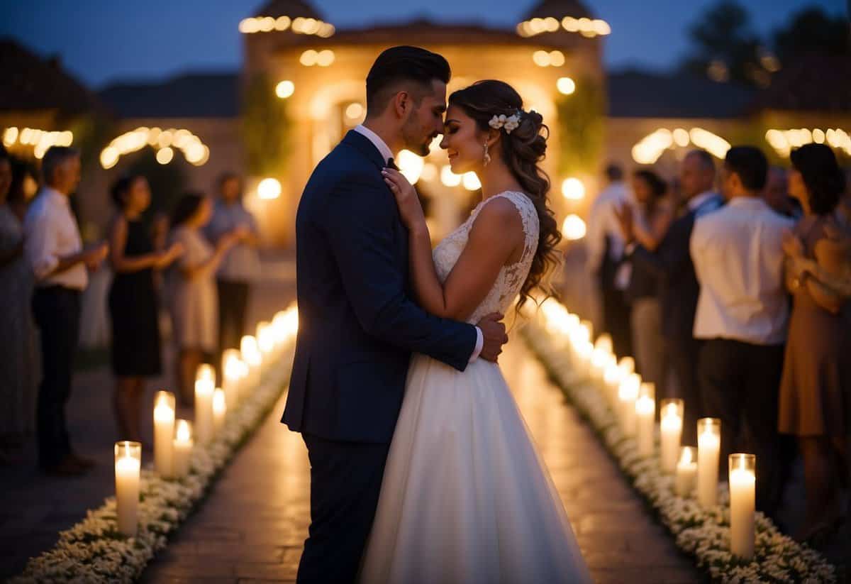 A bride and groom stand facing each other, surrounded by soft candlelight and romantic decor. They hold hands and share a tender moment, preparing for their first dance