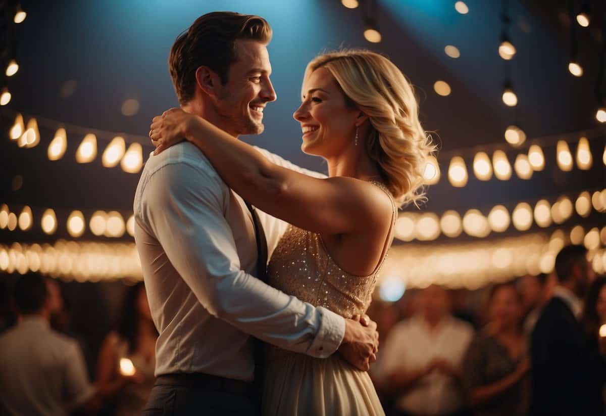 A couple embraces on the dance floor, surrounded by twinkling lights and the soft glow of candles. Their smiles radiate joy as they move gracefully to the music, creating a truly memorable moment