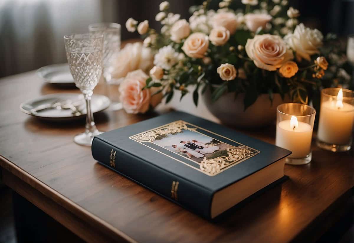 A table with a decorated wedding album, surrounded by flowers and candles