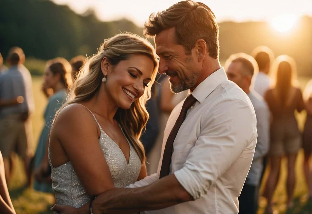A couple embraces in a candid moment, surrounded by friends and family at a beautiful outdoor wedding. The sun is setting, casting a warm glow over the scene