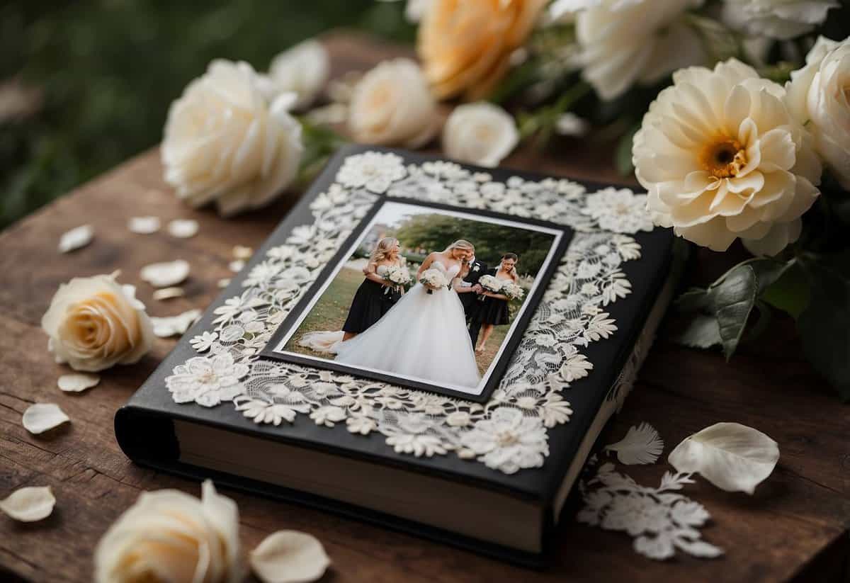 A wedding album open on a table, filled with a mix of color and black-and-white photos, surrounded by scattered flower petals and a vintage lace veil
