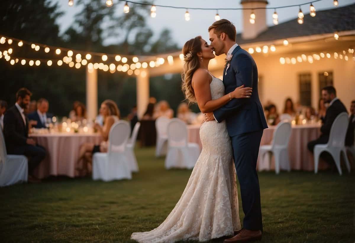 The sun sets behind a romantic outdoor ceremony. Guests mingle under twinkling lights. The bride and groom share a kiss during their first dance