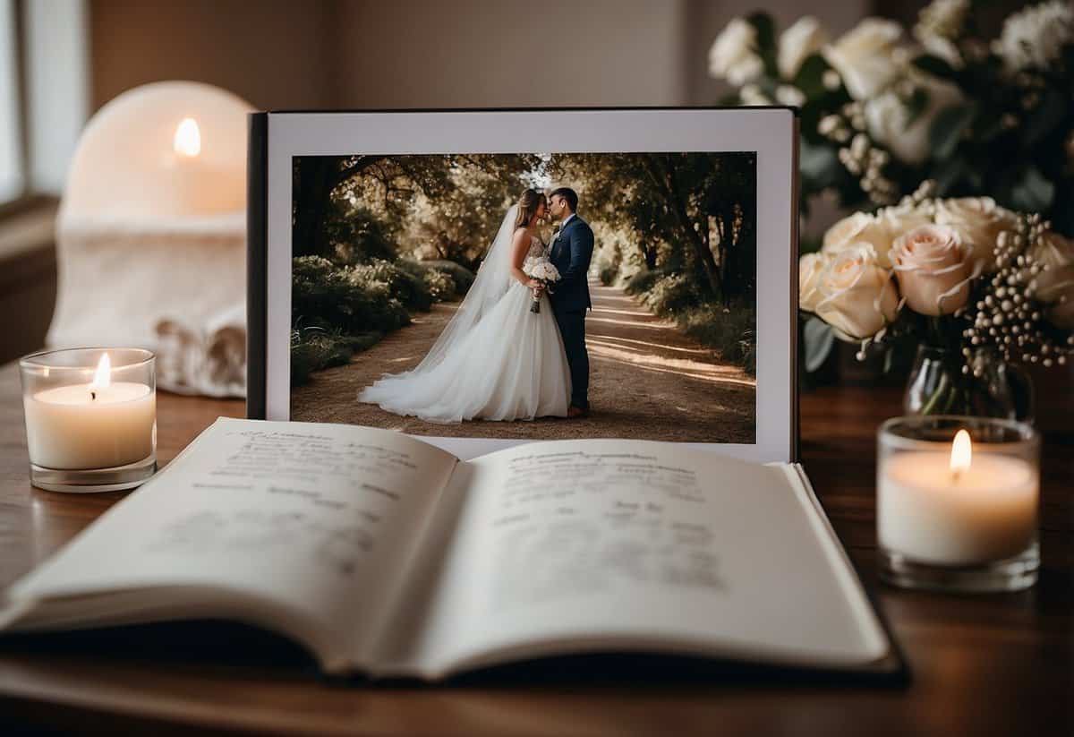 A wedding album open on a table with handwritten notes and quotes scattered around
