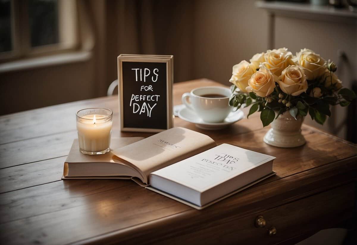 A table adorned with wedding albums, a pen, and a sign reading "Tips for a perfect day" sits in a softly lit room