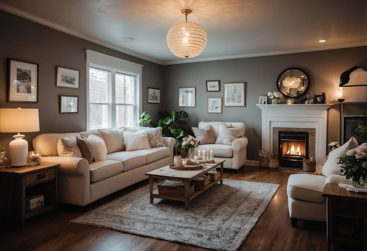 A cozy living room with a gallery wall of family portraits and wedding photos, surrounded by soft lighting and elegant decor