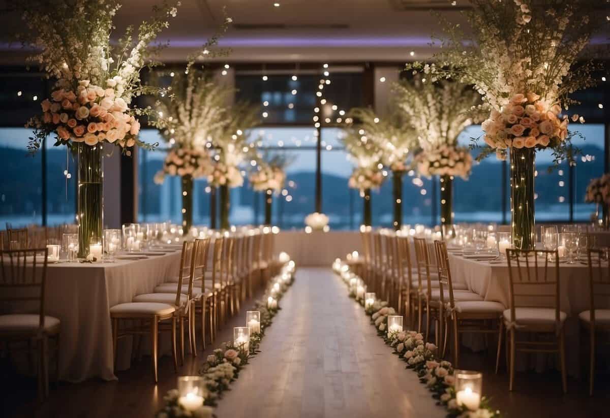 The elegant venue is adorned with delicate flowers and twinkling lights, creating a romantic atmosphere for a wedding album