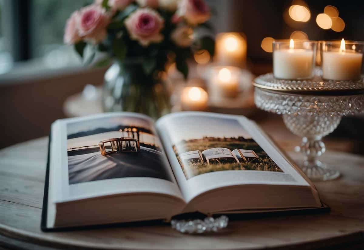 A table with a wedding album opened to a high-quality print, surrounded by elegant decor and soft lighting