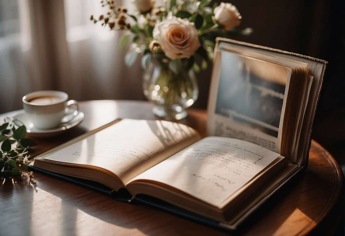 A wedding album sits open on a table, revealing a hidden message tucked inside. The room is bathed in soft, romantic light, adding a sense of mystery and intrigue to the scene
