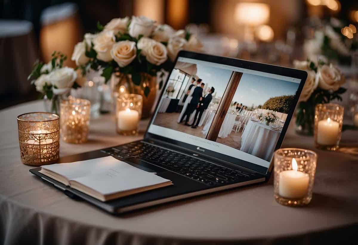 A table with various wedding album styles, surrounded by soft lighting and elegant decor