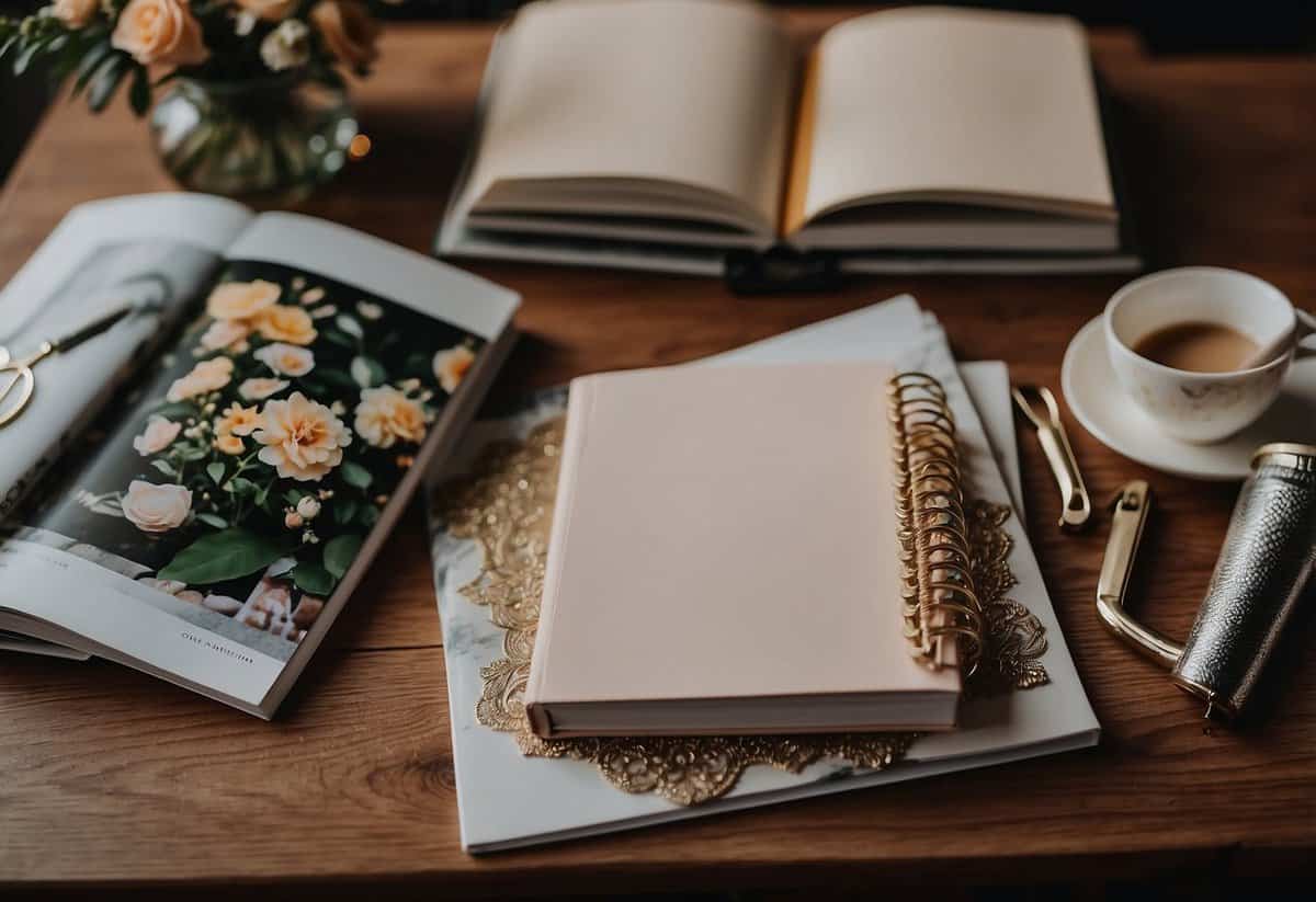 A table with a variety of photo albums, a pair of scissors, adhesive, and decorative materials arranged neatly for creating a wedding album