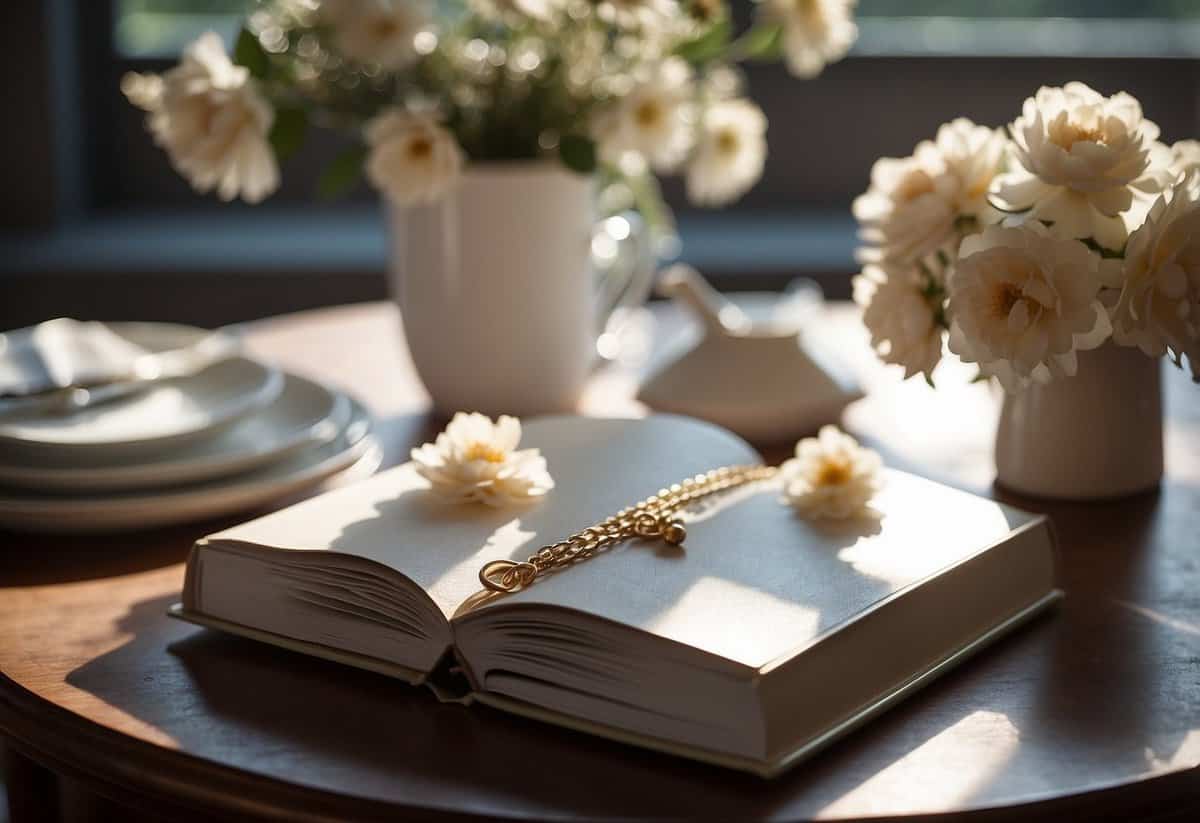 A table set with elegant photo albums, soft lighting, and a scattering of delicate flowers