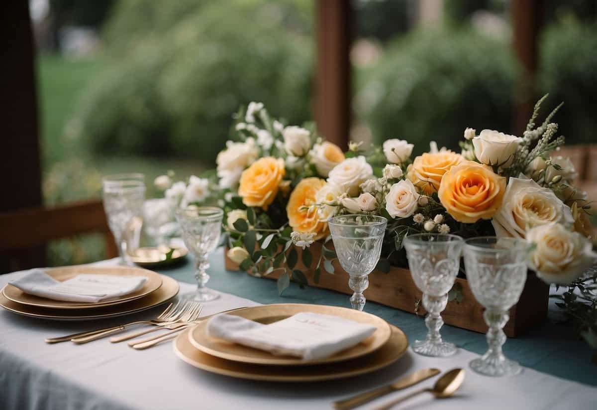 A table set with handmade decorations, flowers, and DIY centerpieces. A sign with tips for DIY wedding decor
