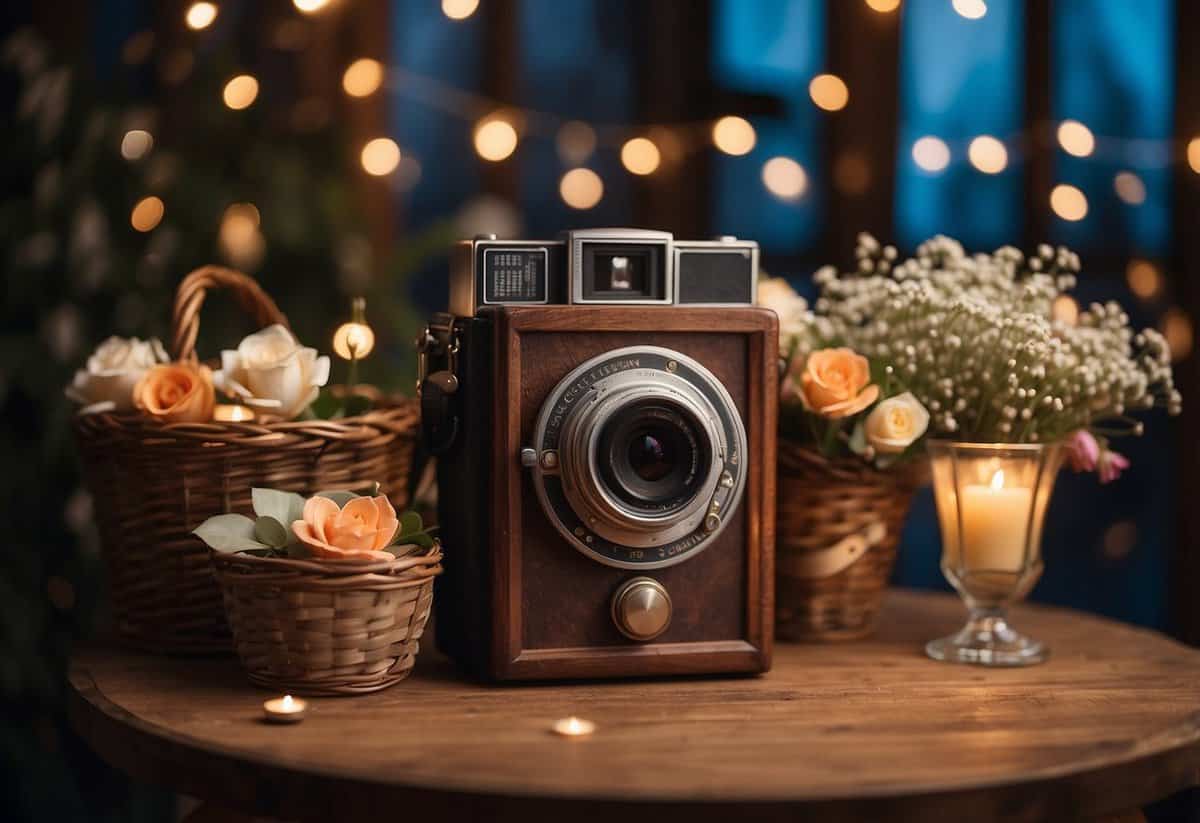 A rustic photo booth with a wooden frame, draped in fairy lights and adorned with flowers. A vintage camera sits on a small table next to a basket of props