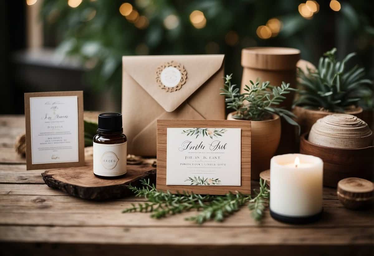 A wooden table adorned with rustic wedding invitations, surrounded by craft supplies and greenery